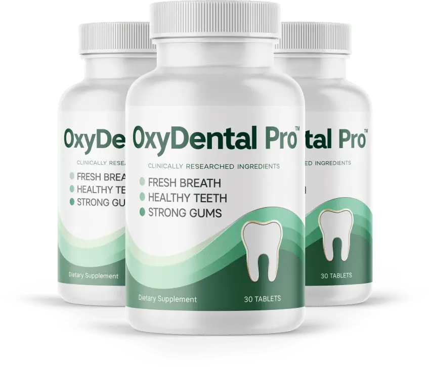Three bottles of OxyDental Pro oral health supplement